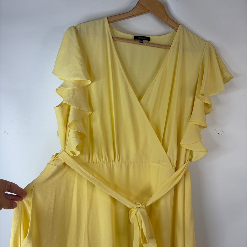 1.STATE Faux Wrap Dress Womens 20W Yellow Ruffle Sleeve Midi V-Neck Belted - Picture 4 of 9